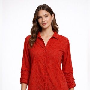 Nicole Miller Women's Red Eyelet Embroidered Button Down Shirt Tab Sleeve Top
